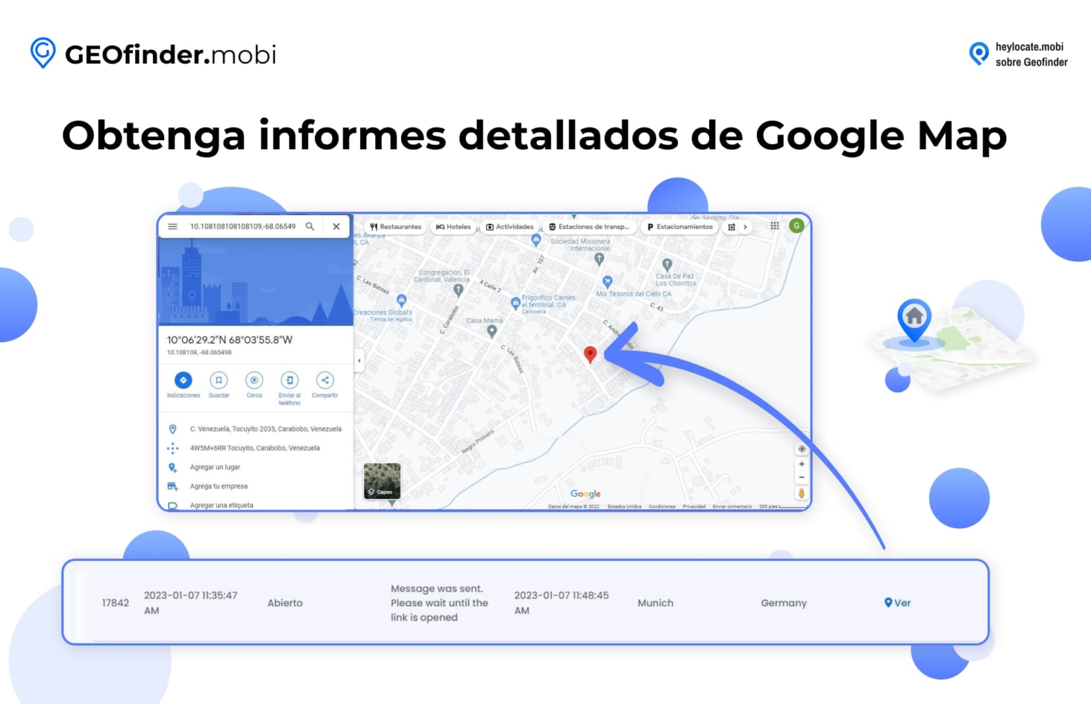 Visualización de la función de GEOfinder.mobi para obtener informes detallados de Google Maps, mostrando un mapa y las coordenadas de ubicación, junto con una vista detallada de un mapa que resalta un área específica con un marcador de ubicación.