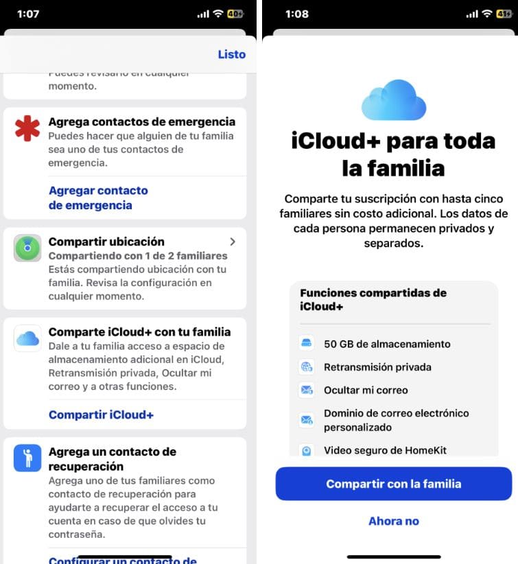 Capturas de pantalla del iPhone con la función de almacenamiento compartido de iCloud