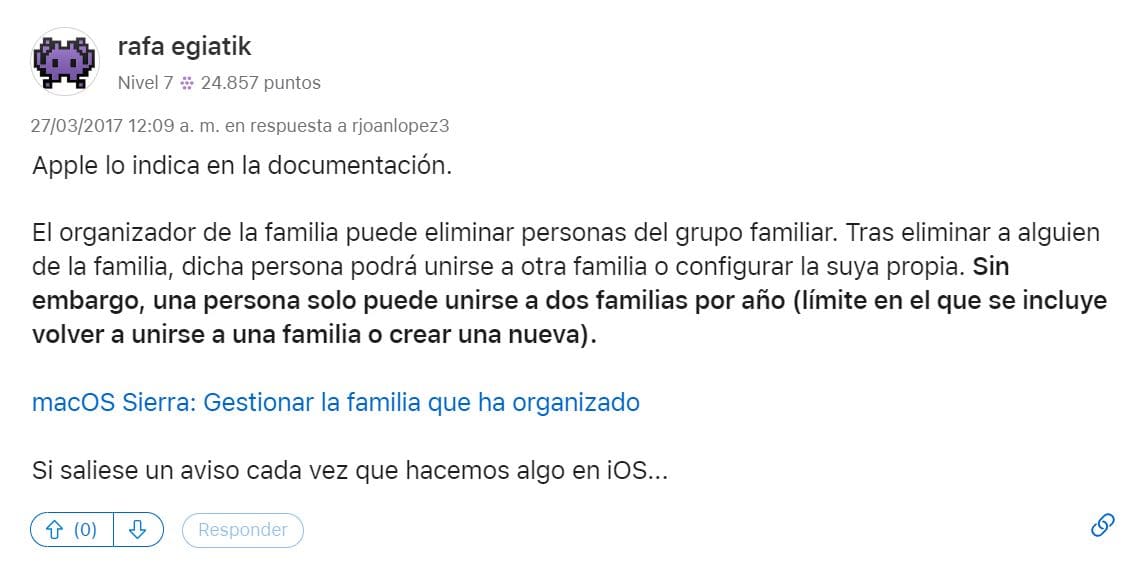 Imagen de un comentario de un usuario sobre Apple Family Sharing