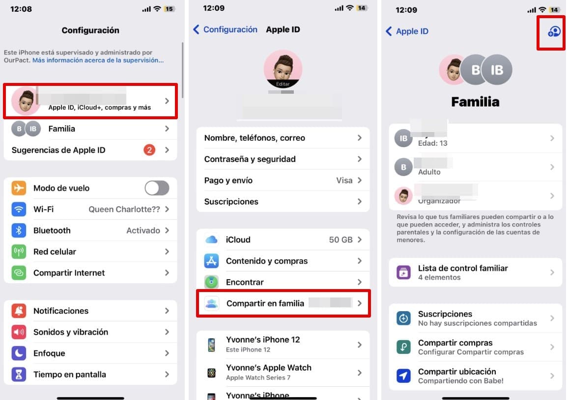 Capturas de pantalla del iPhone con los pasos para configurar Apple Family Sharing
