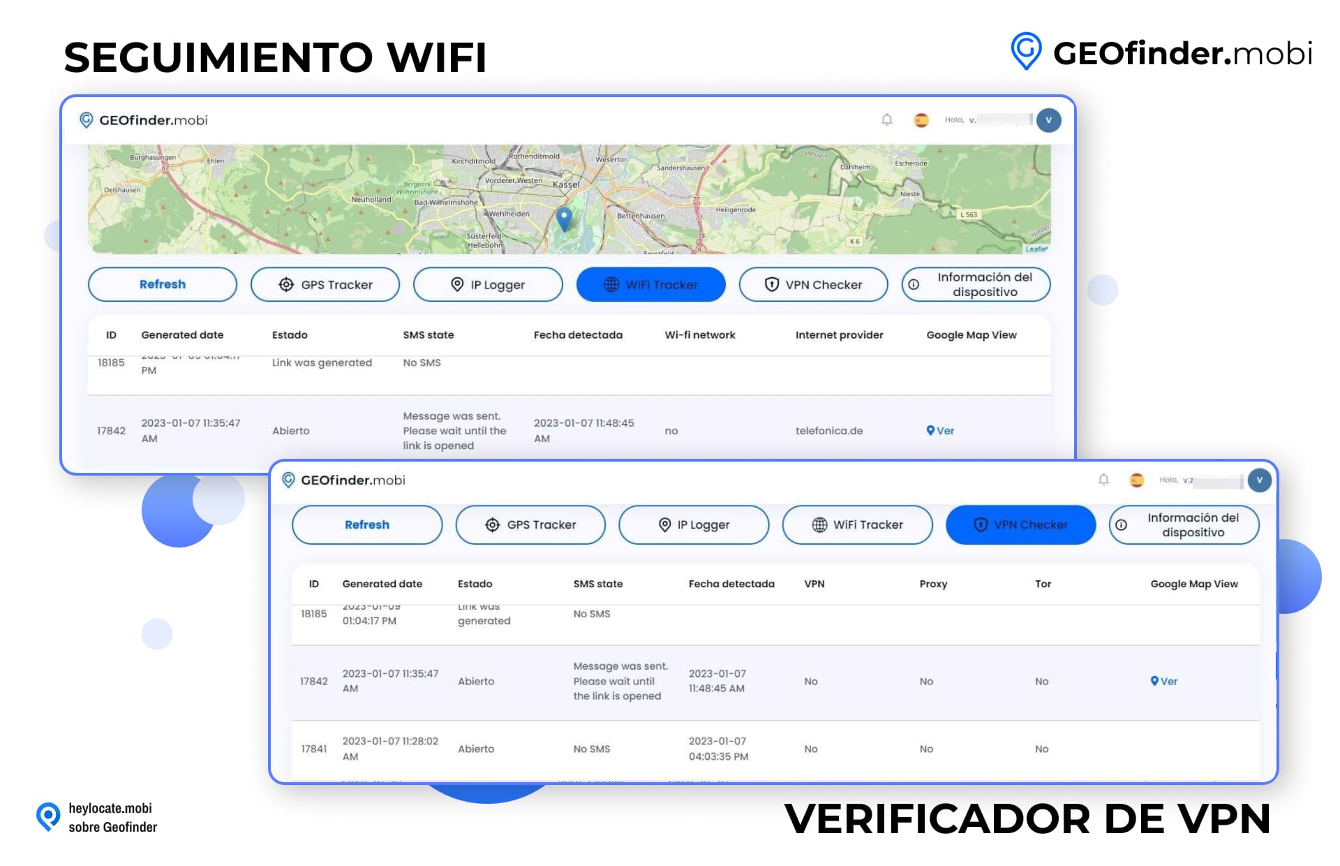 Interfaz de GEOfinder.mobi que muestra las pestañas WiFi Tracker y VPN Checker, con listados detallados de números de identificación, fechas, estados de SMS, fecha detectada e información de red para fines de seguimiento.