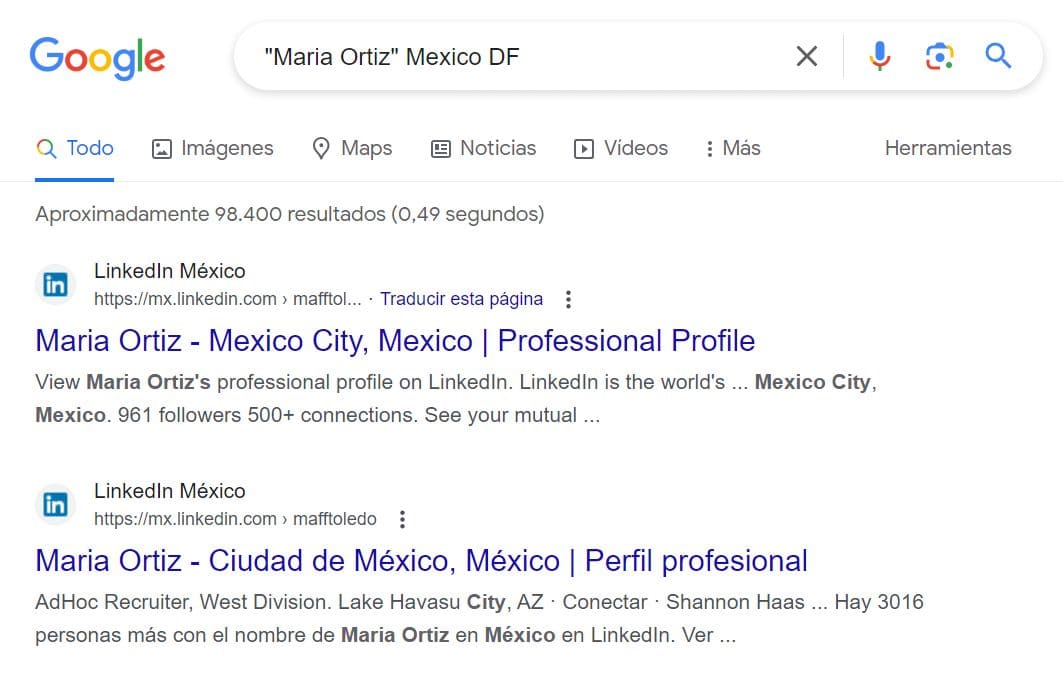Vista de la búsqueda de personas por nombre en Google