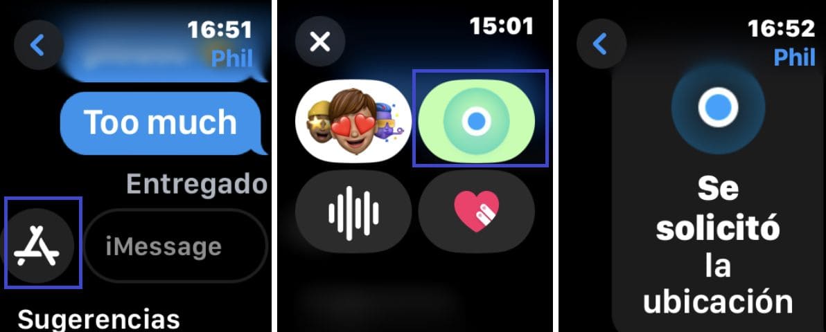 Capturas de pantalla del Apple Watch con pasos sobre cómo usar iMessage para solicitar la ubicación de alguien