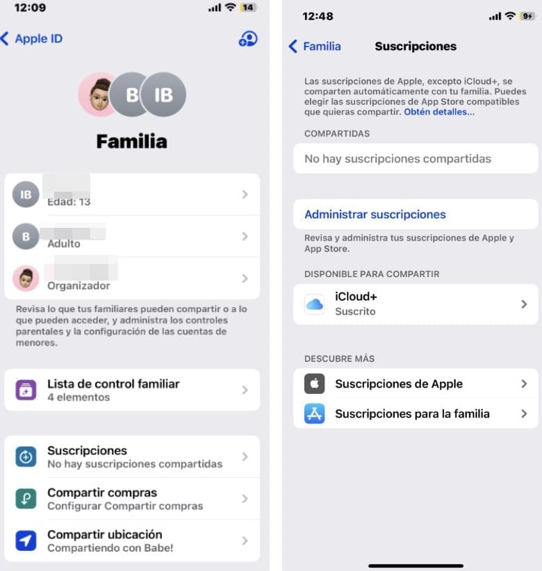 Capturas de pantalla del iPhone con la función de suscripción compartida
