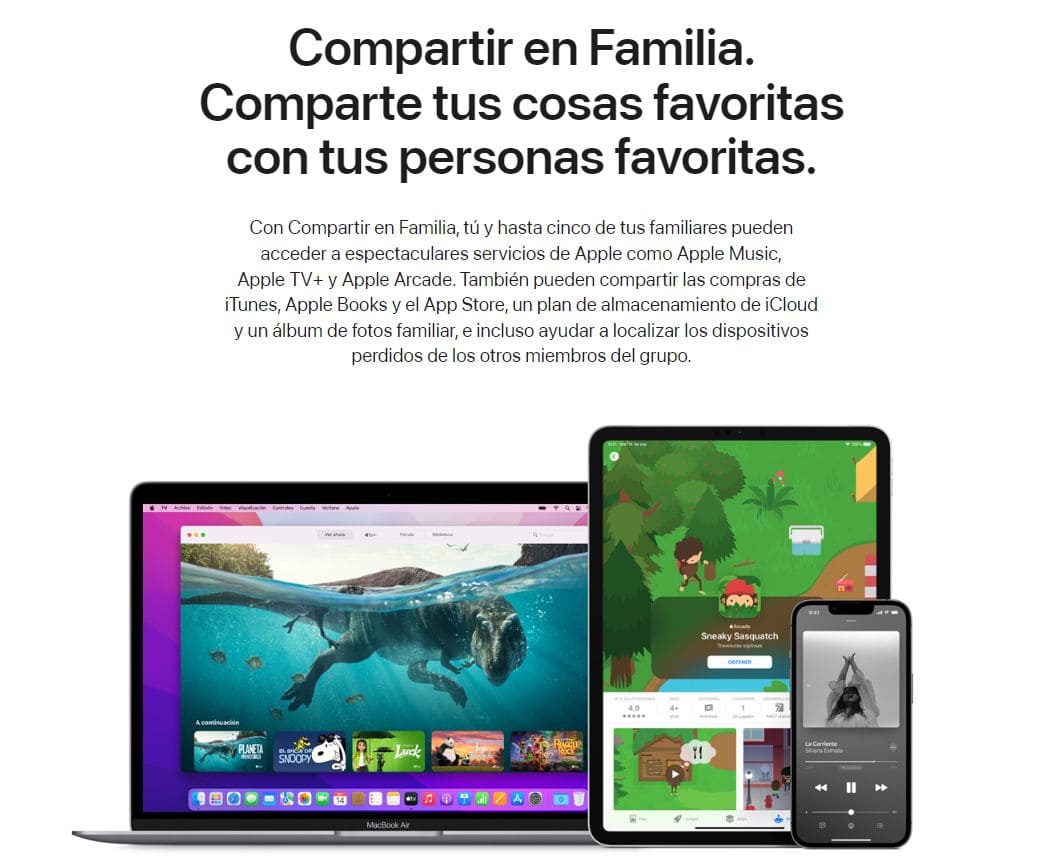 En la parte superior de la imagen hay una breve descripción de Apple Family Sharing, en la parte inferior hay una imagen de un ordenador portátil, una tableta y un teléfono que tiene una imagen de un vídeo, un reproductor de música y un juego de ordenador