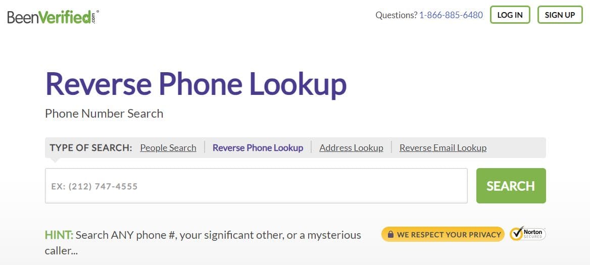 Una vista del sitio web de BeenVerified donde puede introducir un número de teléfono para buscarlo