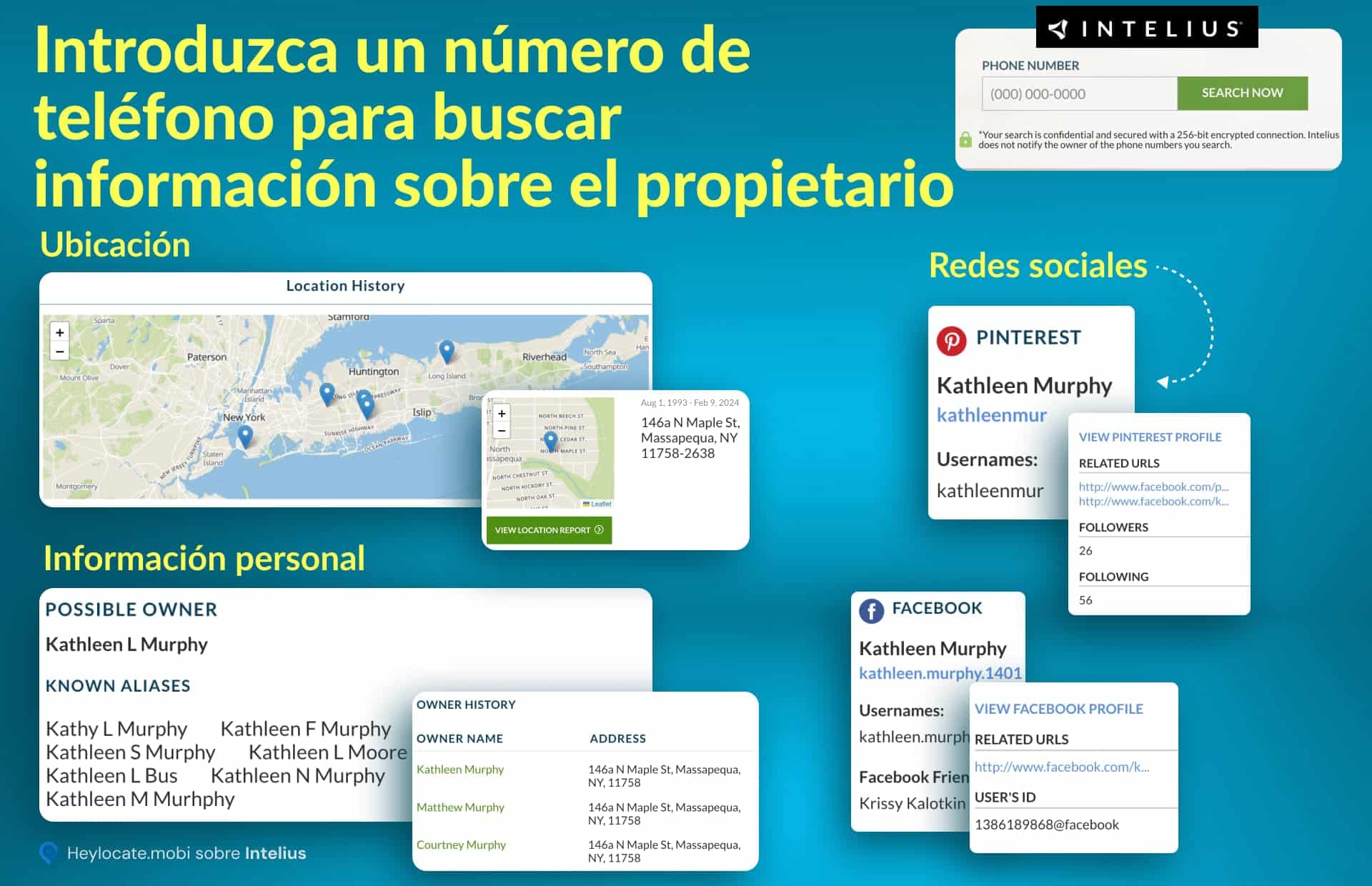 Imagen promocional de los servicios de Intelius que muestra cómo obtener diversos datos sobre una persona introduciendo su número de teléfono. Incluye un mapa del historial de ubicaciones, información personal con alias conocidos e historial del propietario, y perfiles de redes sociales relacionados con la persona.