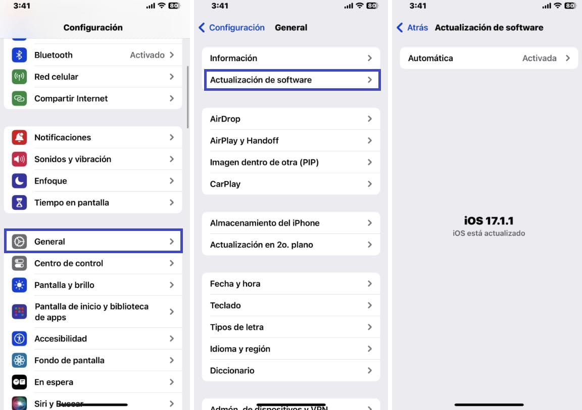 capturas de pantalla con los pasos sobre cómo actualizar iOS iPhone