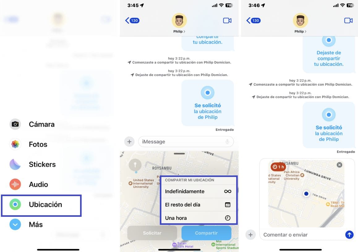 Capturas de pantalla de iPhone con pasos sobre cómo compartir la función de ubicación en iMessage