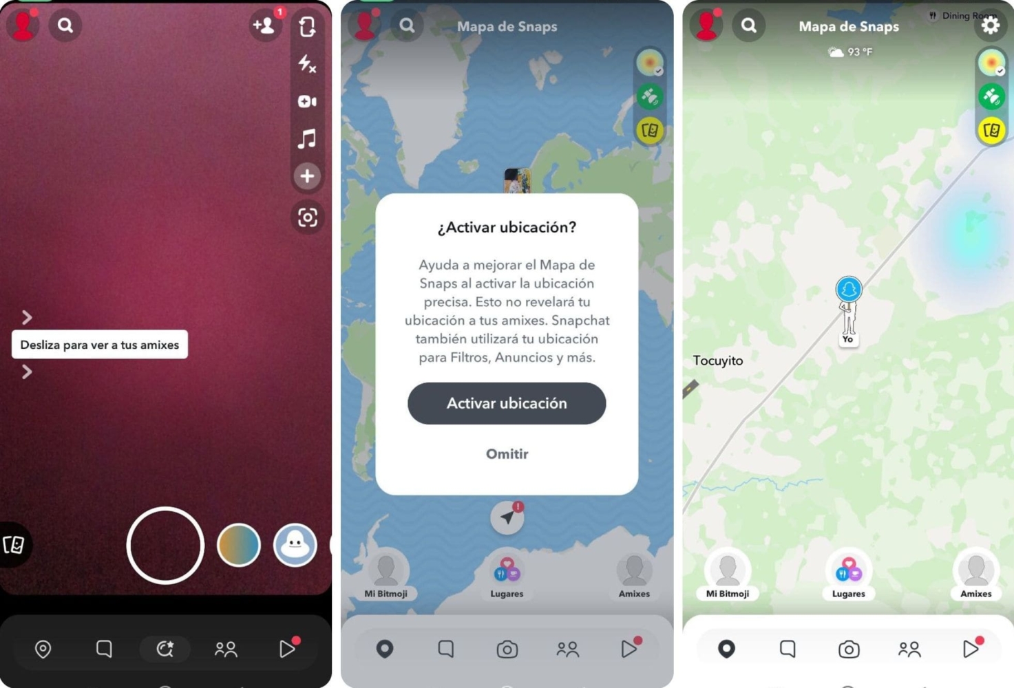 Capturas de pantalla de cómo compartir tu ubicación en Snapchat