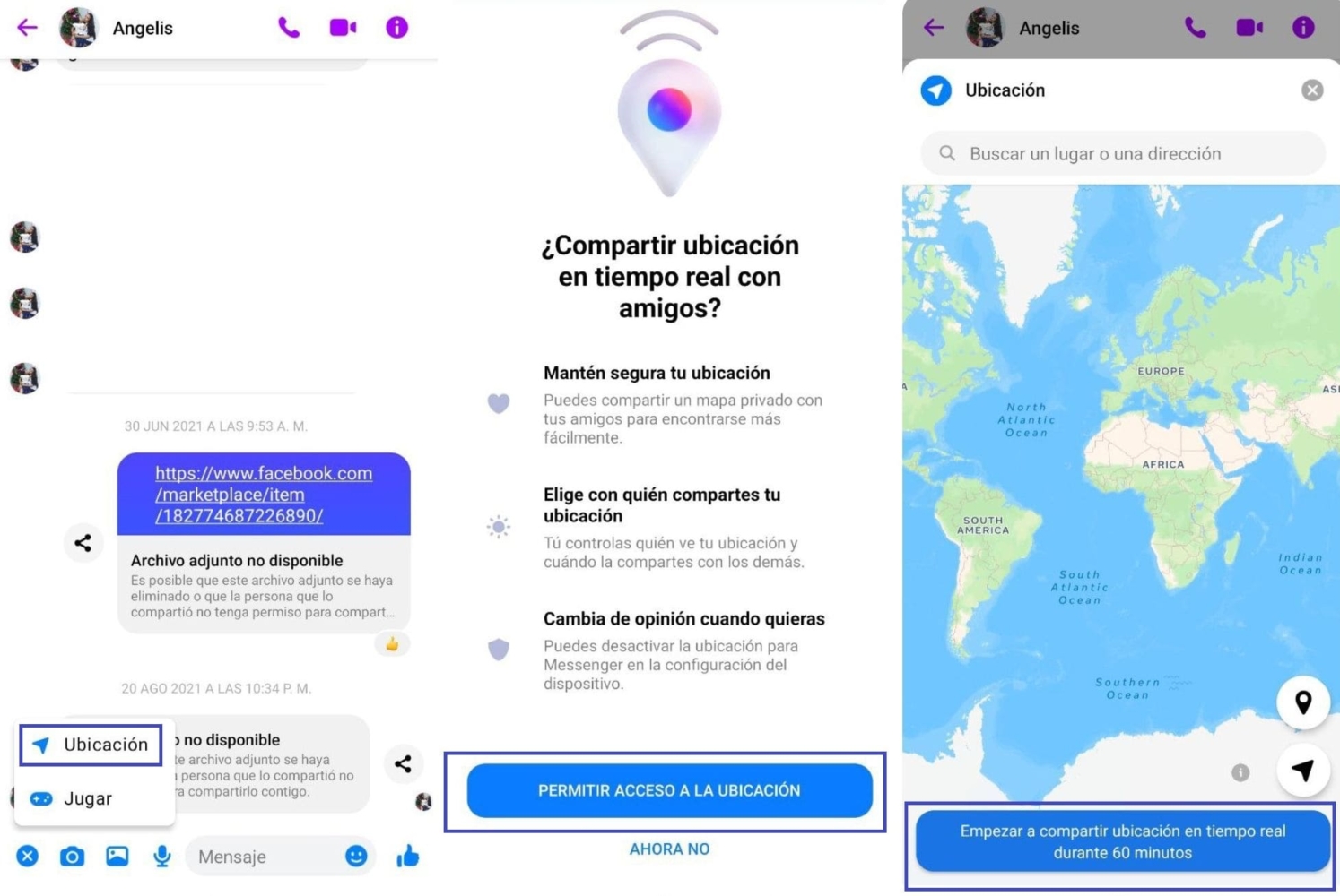 Capturas de pantalla de cómo compartir tu ubicación en Facebook Messenger