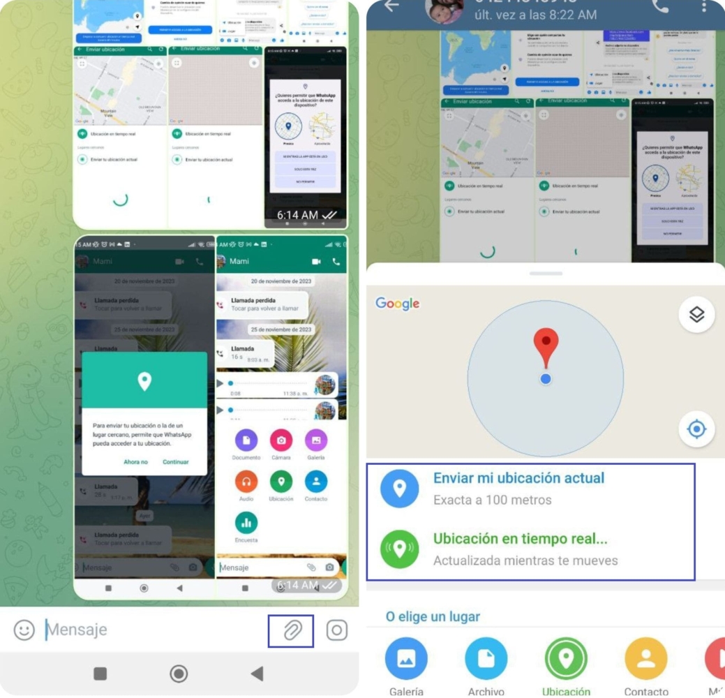 Capturas de pantalla de cómo compartir tu ubicación en Telegram