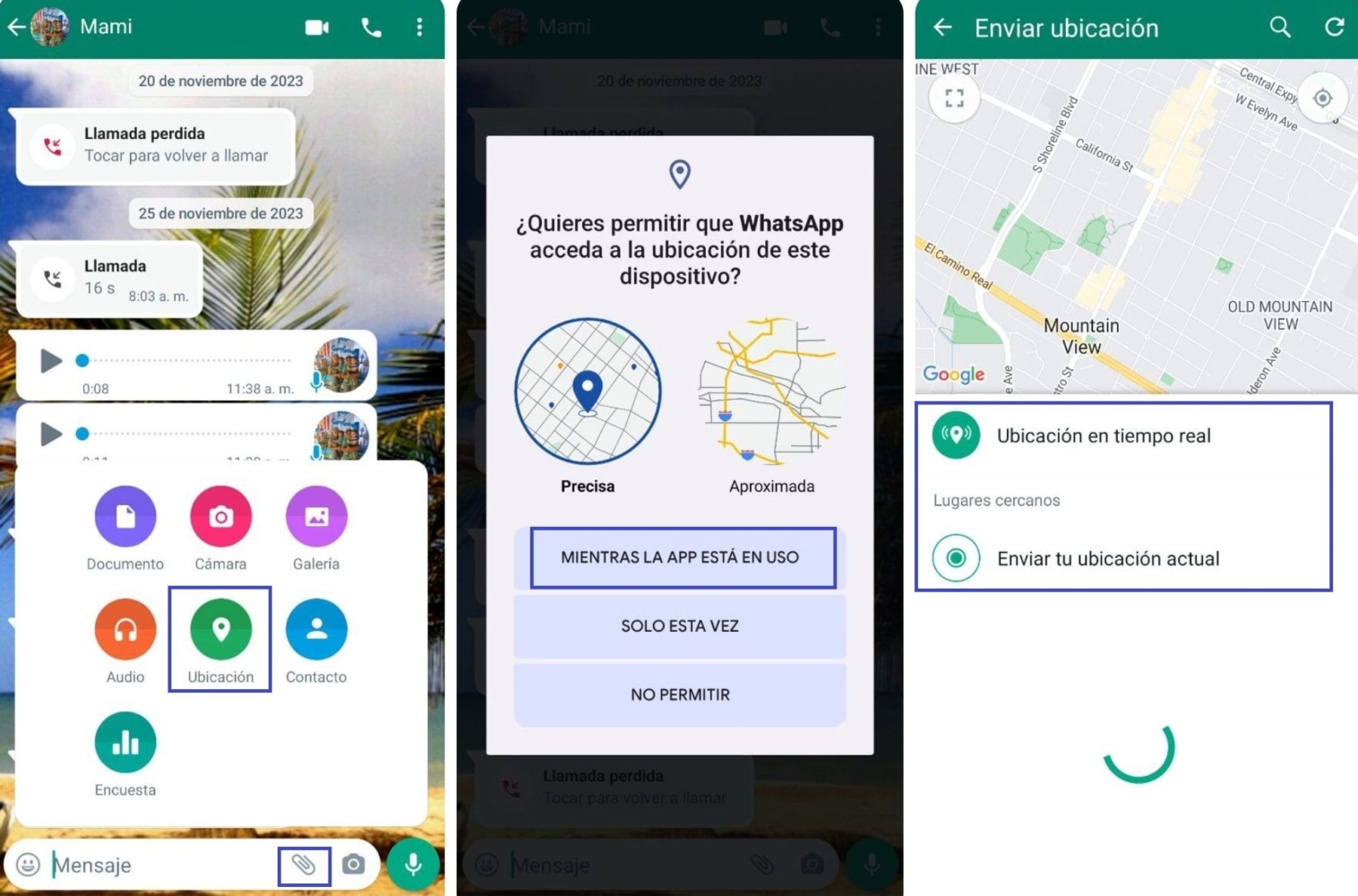 Capturas de pantalla de cómo compartir tu ubicación en WhatsApp Messenger