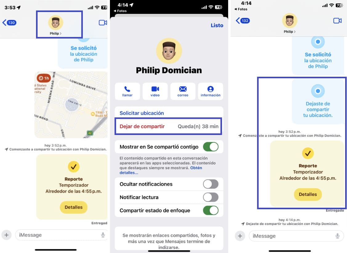 Capturas de pantalla de iPhone con los pasos para dejar de compartir la ubicación en iMessage