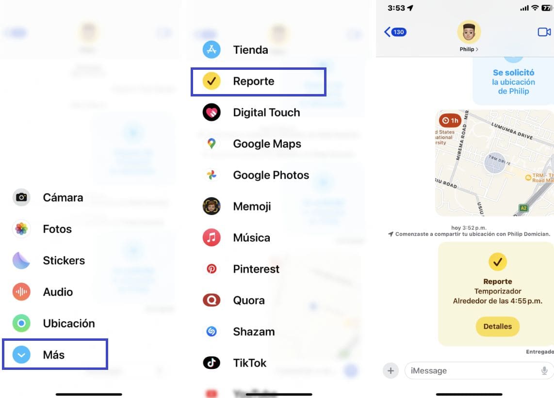 Capturas de pantalla de iPhone con los pasos para usar la función de Reporte en iMessage