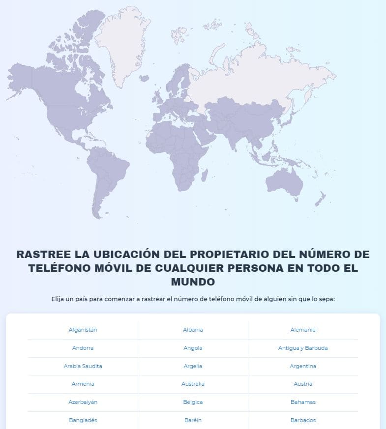 Captura de pantalla del sitio web de HeyLocate con el mapa y la lista de algunos países para el seguimiento de la ubicación del teléfono en todo el mundo