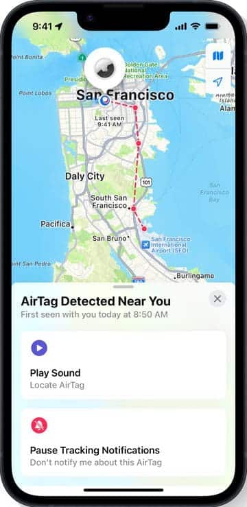 Una imagen de lo que se ve al rastrear la ubicación con Apple Airtag