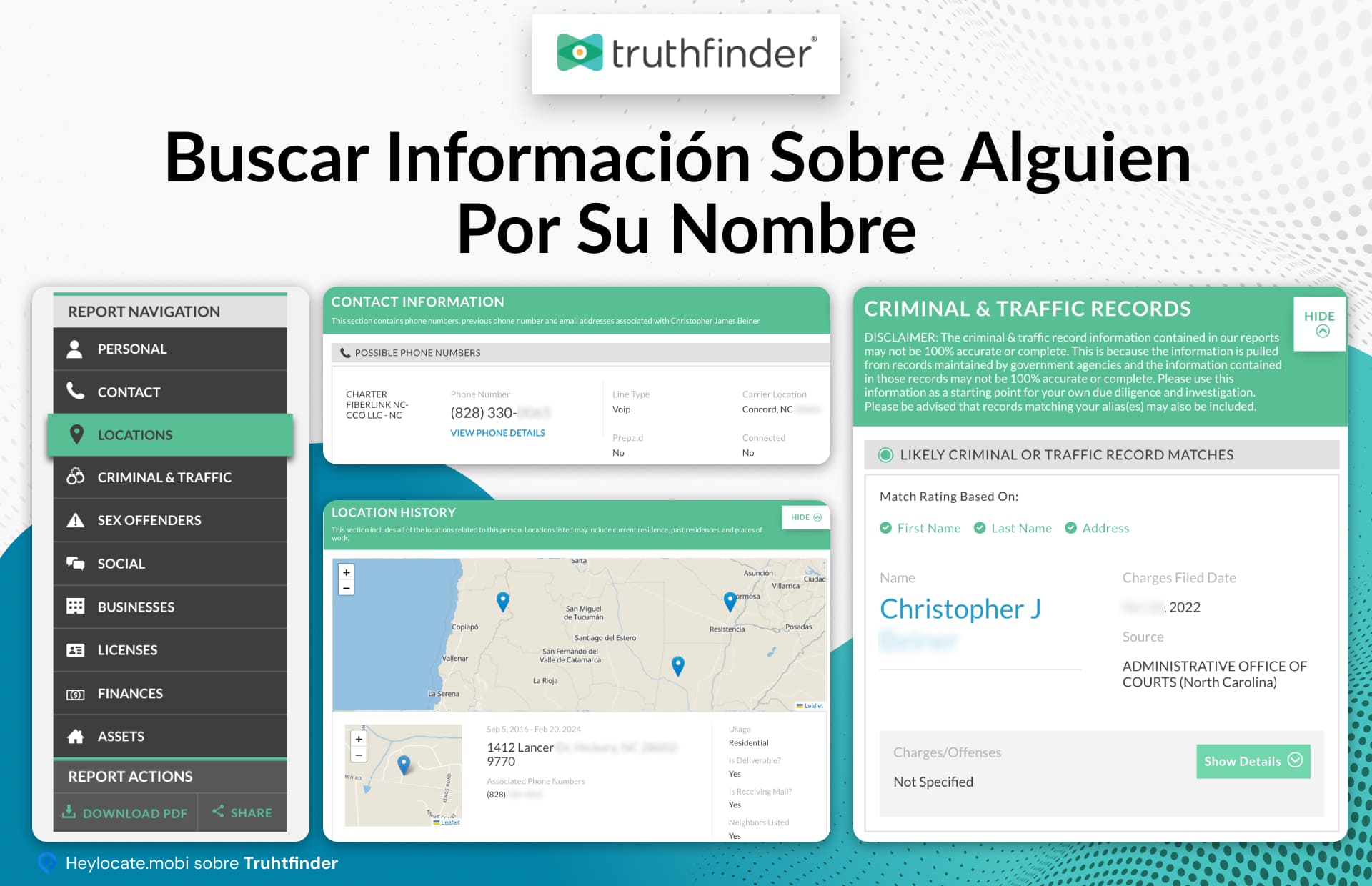 Una captura de pantalla que muestra la interfaz de Truthfinder con secciones detalladas para la navegación de informes, incluyendo personal, contacto, ubicaciones, criminal y de tráfico, entre otros. El objetivo principal es encontrar información por nombre, con secciones visibles sobre información de contacto, historial de ubicaciones y antecedentes penales y de tráfico. La interfaz ofrece un diseño fácil de usar con módulos claros y organizados para facilitar el acceso a diversos tipos de registros públicos.
