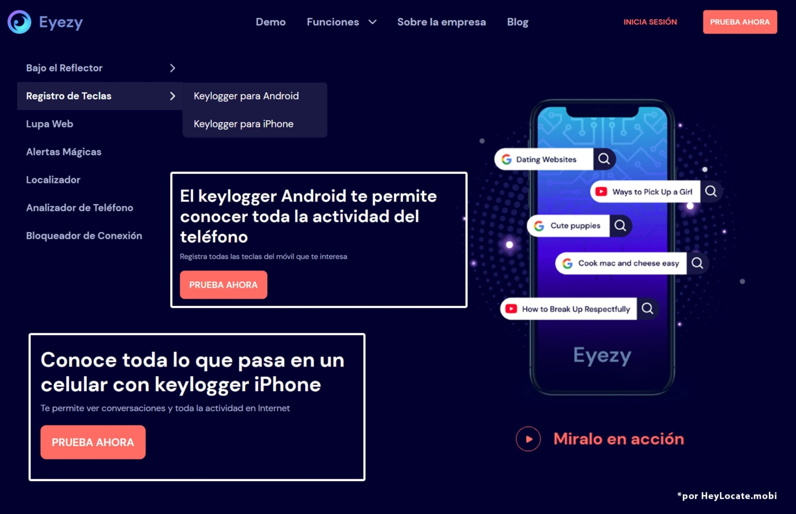 En la interfaz de la aplicación Eyezy hay un collage con información sobre keylogger para Android y iPhone con capturas de pantalla de una breve descripción y el botón Probar ahora