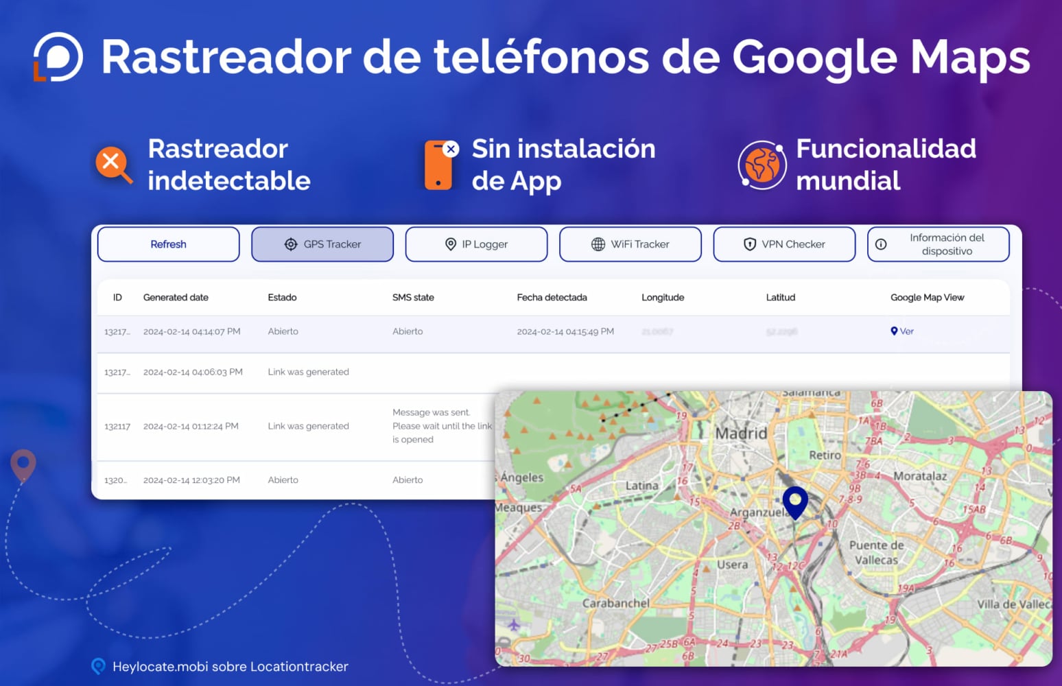 Interfaz de "locationtracker" destacando sus características. La pantalla muestra un panel de rastreo con opciones para GPS Tracker, IP Logger, WiFi Tracker, VPN Checker y Device Info. También hay un mapa con un pin de localización, lo que sugiere capacidades de rastreo en tiempo real.