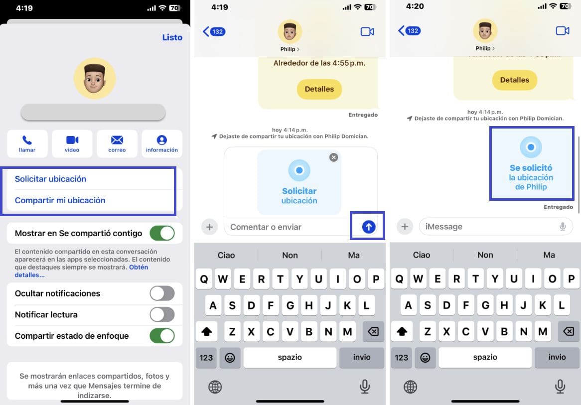 Capturas de pantalla de iPhone con los pasos para solicitar la ubicación de alguien en iMessage