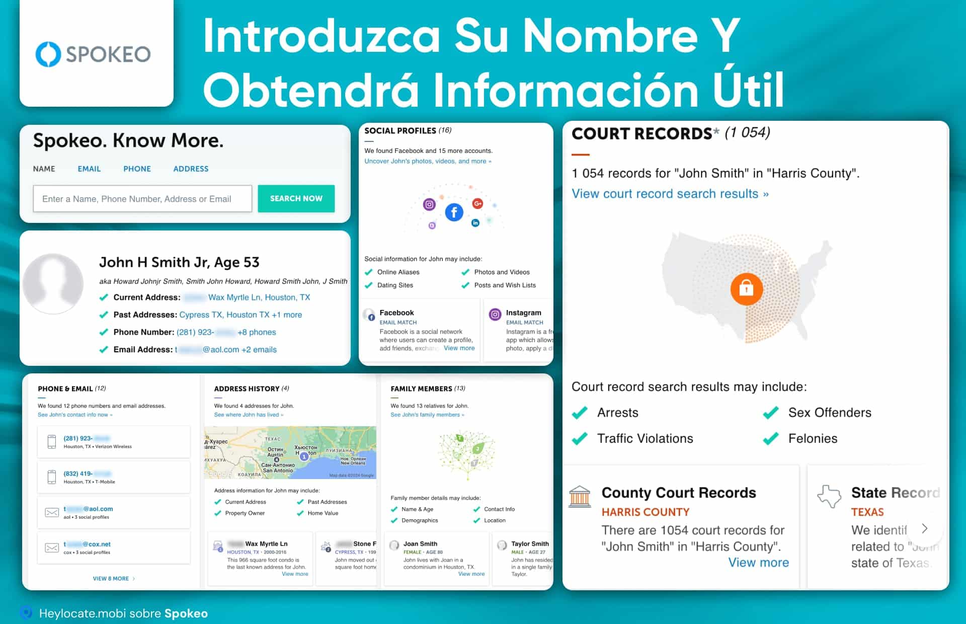 Ejemplo de página de resultados de búsqueda en Spokeo, que muestra información personal sobre una persona. La página muestra direcciones actuales y pasadas verificadas, números de teléfono, direcciones de correo electrónico, junto con un mapa que indica el historial de ubicaciones. Además, hay pestañas para perfiles sociales, miembros de la familia y registros judiciales, lo que sugiere una amplia información de fondo que incluye la actividad en las redes sociales y los registros públicos. El gráfico ilustra cómo Spokeo recopila diversos tipos de datos en un perfil detallado de las personas buscadas.