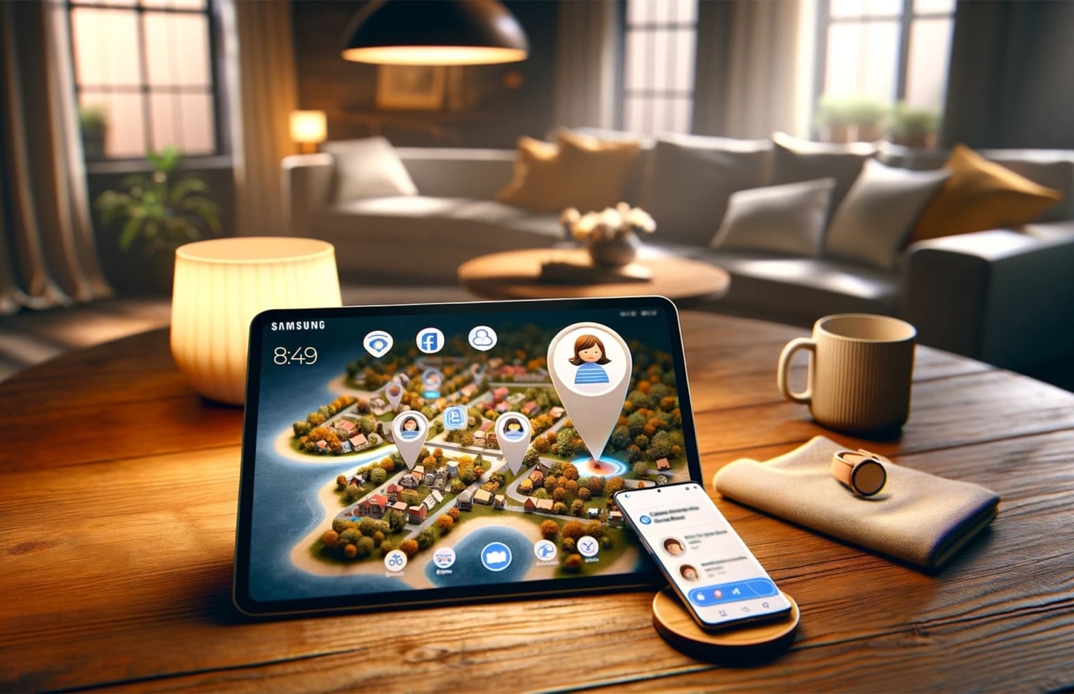 En la habitación, una tableta Samsung con un mapa abierto que muestra el terreno con árboles y casas y marcas de geolocalización está sobre una mesa, con un teléfono encendido a su lado