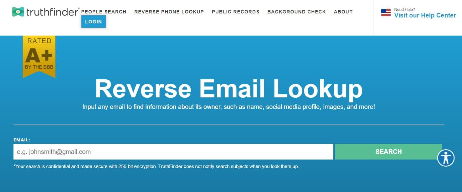 Vista de la página del sitio web TruthFinder con información para buscar a una persona por dirección de correo electrónico
