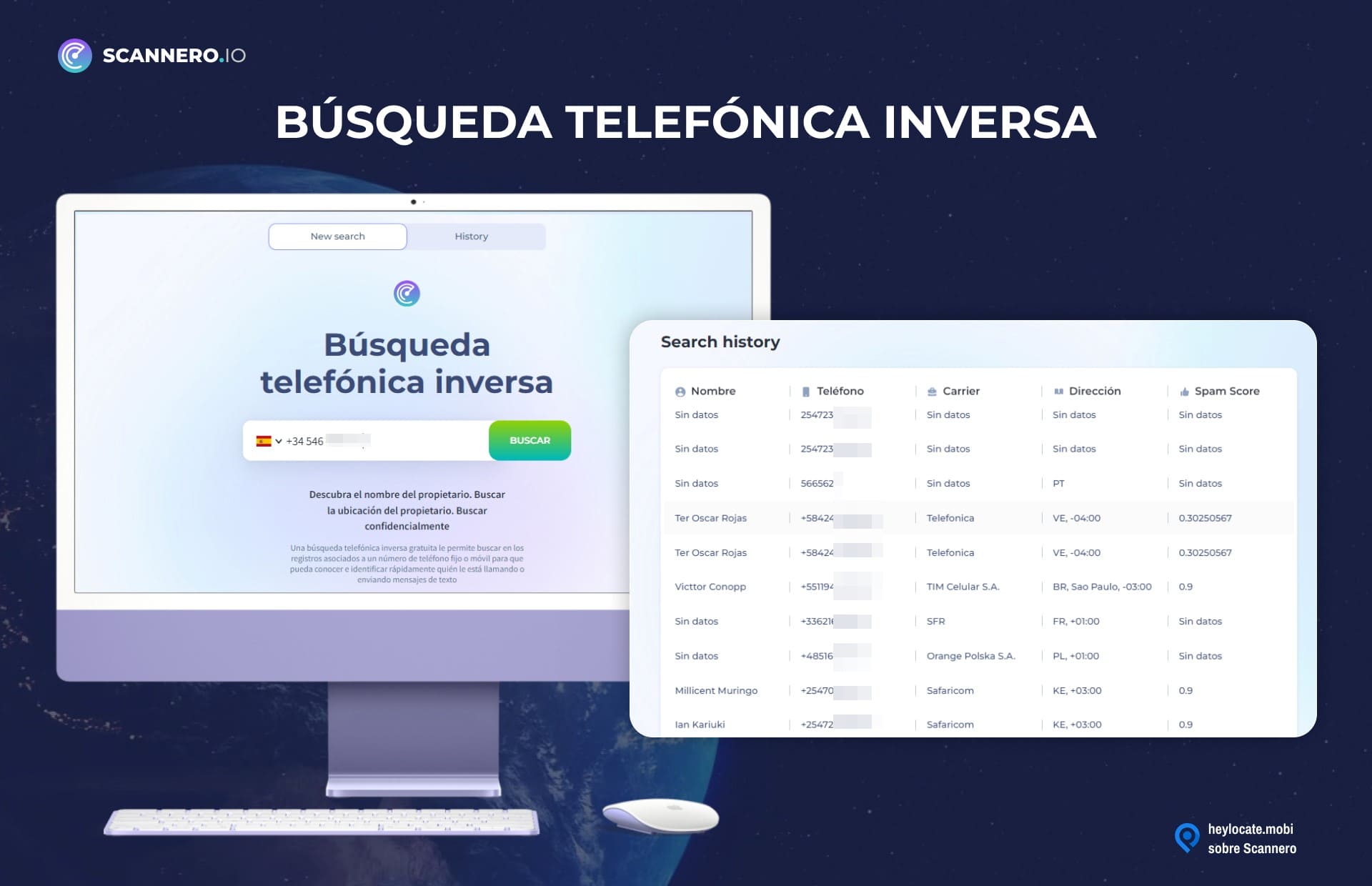 Monitor de ordenador que muestra la función de búsqueda inversa de números de teléfono de Scannero.io con una barra de búsqueda y una pestaña de historial de búsqueda que muestra consultas y resultados anteriores.