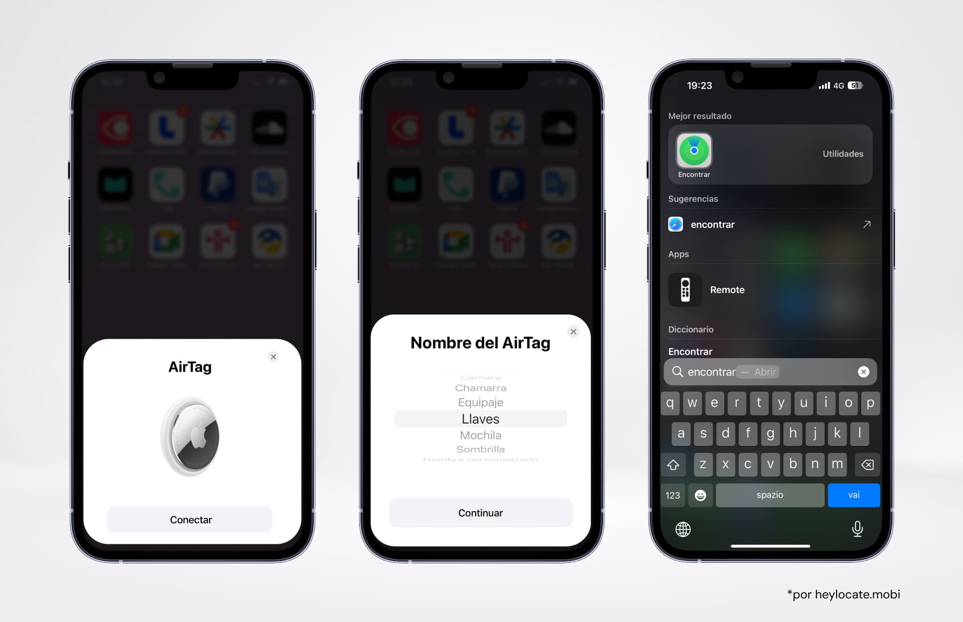 Tres iPhones mostrando diferentes etapas del uso de Apple AirTag. El primero muestra la conexión al AirTag, el segundo muestra la interfaz de nomenclatura del AirTag y el tercero muestra la entrada a la app Encontrar