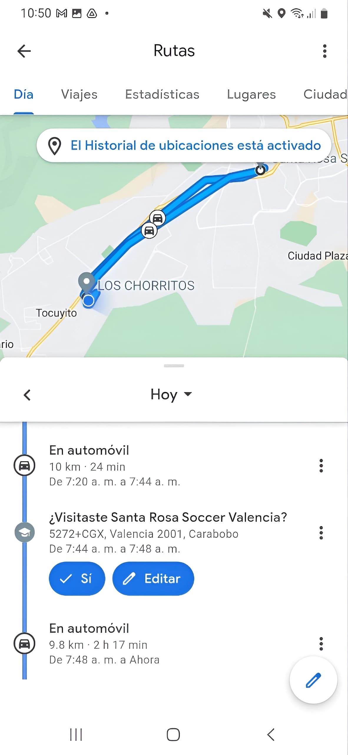 Una imagen del teléfono de seguimiento utilizando Google Maps con la ayuda de la cronología