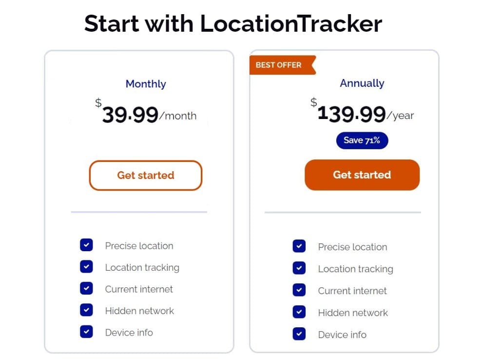 Imagen de la página web de Locationtracker.mobi con información sobre precios