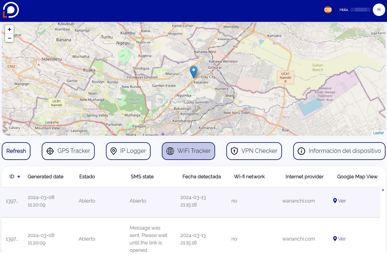 Vista del sitio web Locationtracker.mobi mostrando información con el resultado de una búsqueda a través de la función Wi-Fi tracker