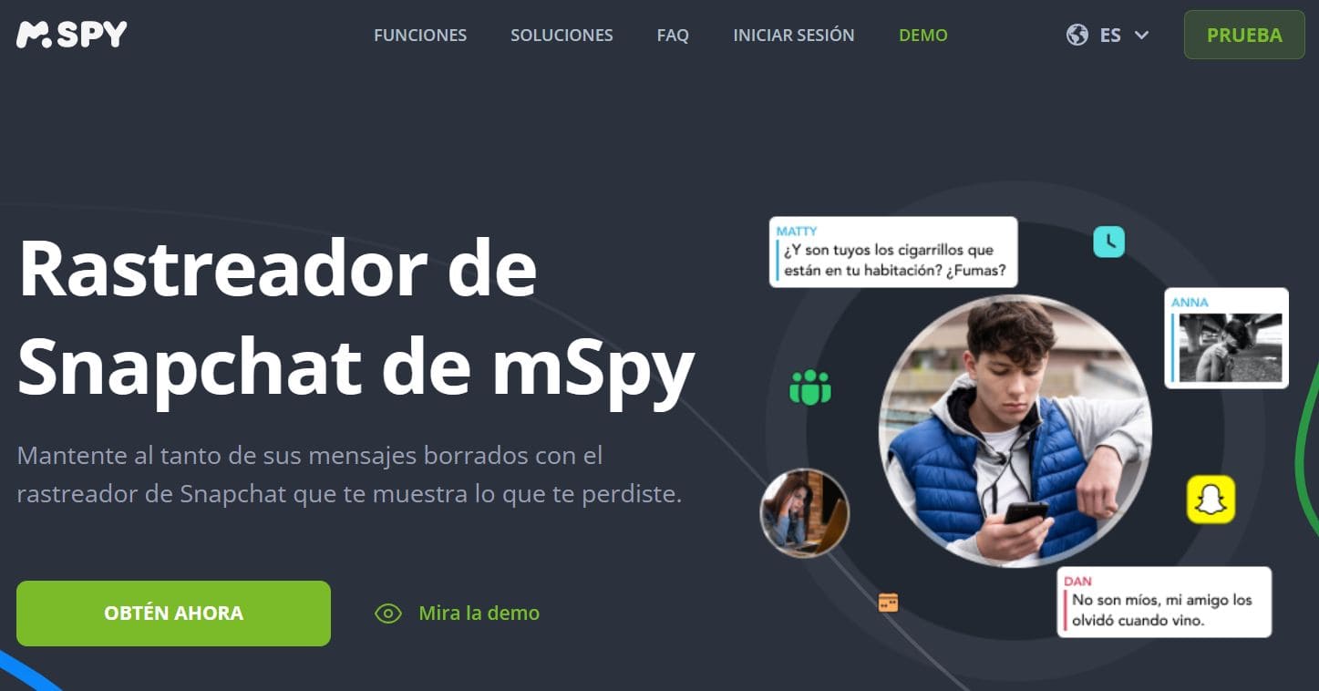 Imagen de la web de mSpy con información y funciones de seguimiento de Snapchat