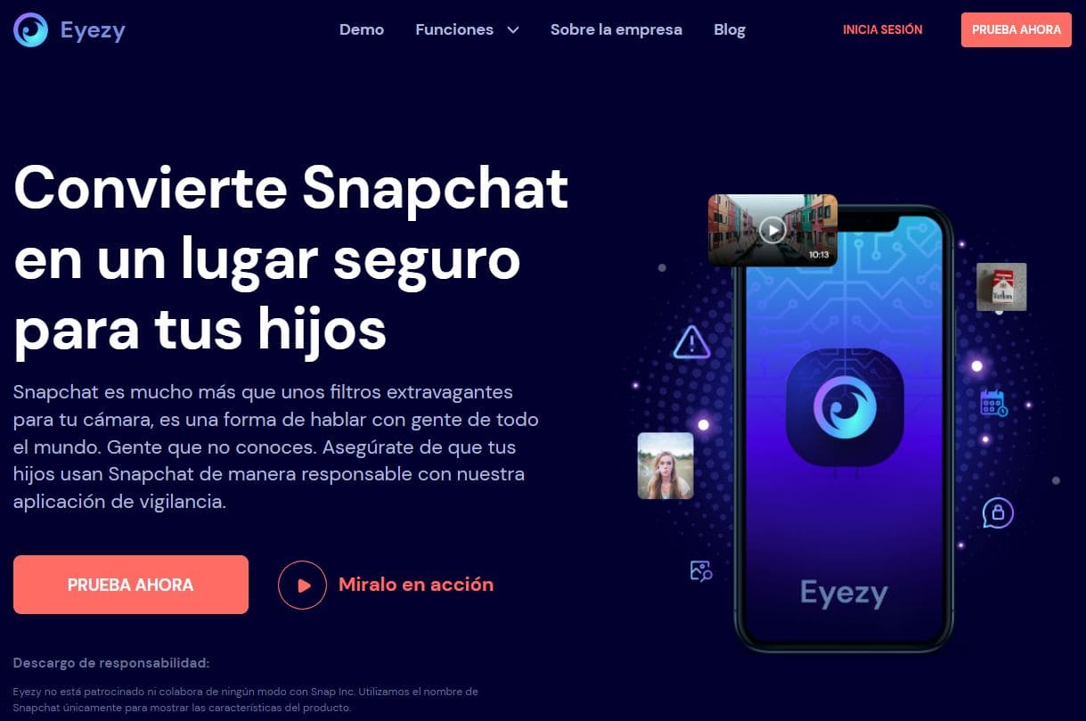 Imagen de la página web de Eyezy con información y características de seguimiento de Snapchat