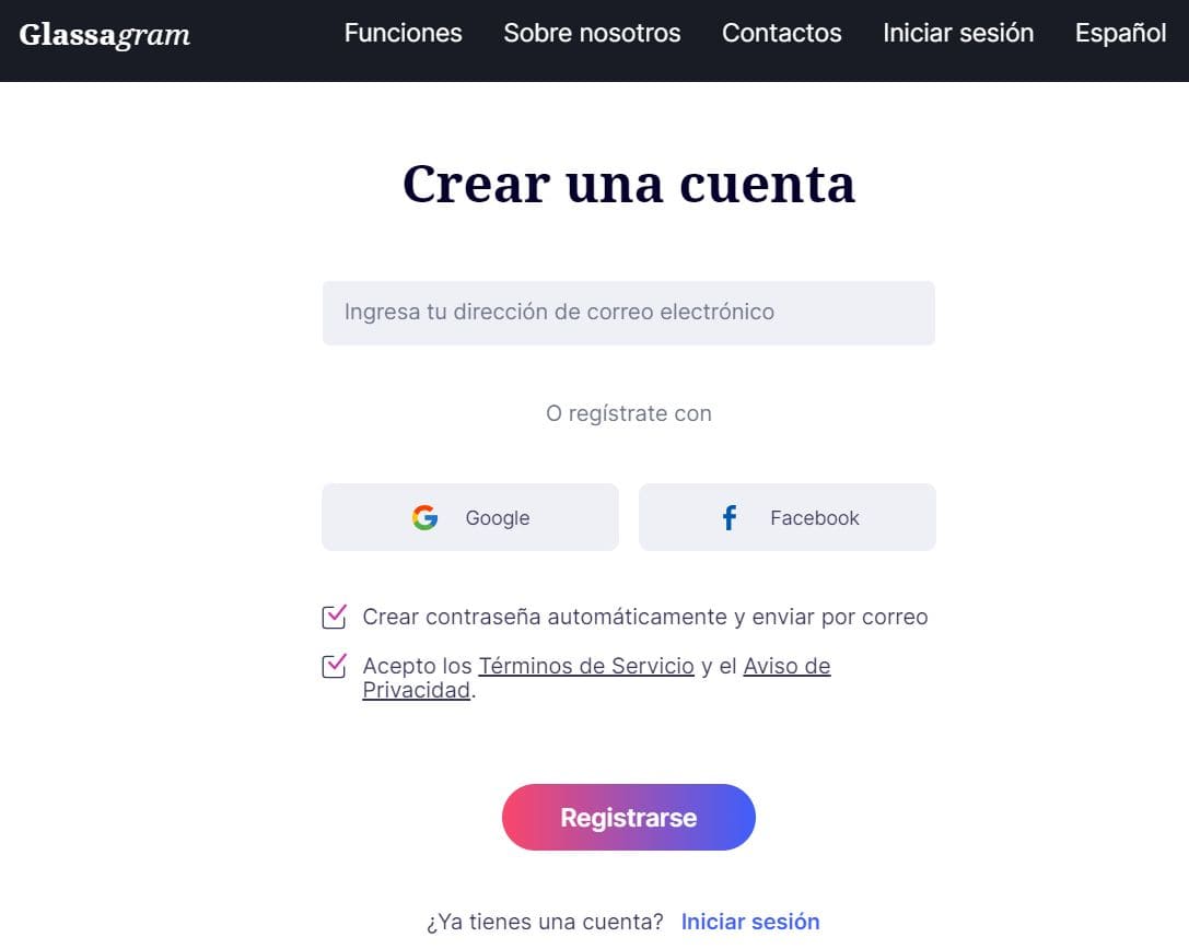 Vista del formulario para crear una cuenta en el sitio web de Glassagram