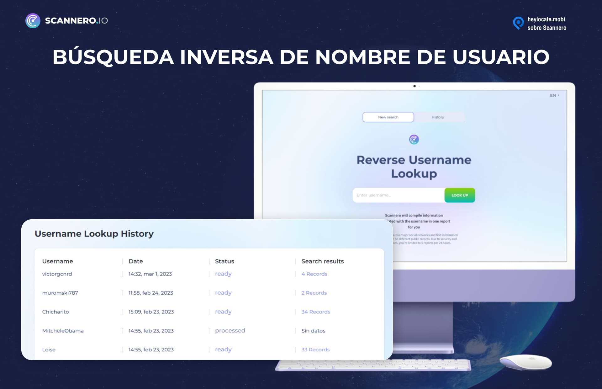 Pantalla de escritorio mostrando la herramienta de Búsqueda Inversa de Nombres de Usuario de Scannero.io con un campo de entrada para nombres de usuario y una lista de resultados de búsquedas anteriores de nombres de usuario con estado y registros encontrados.