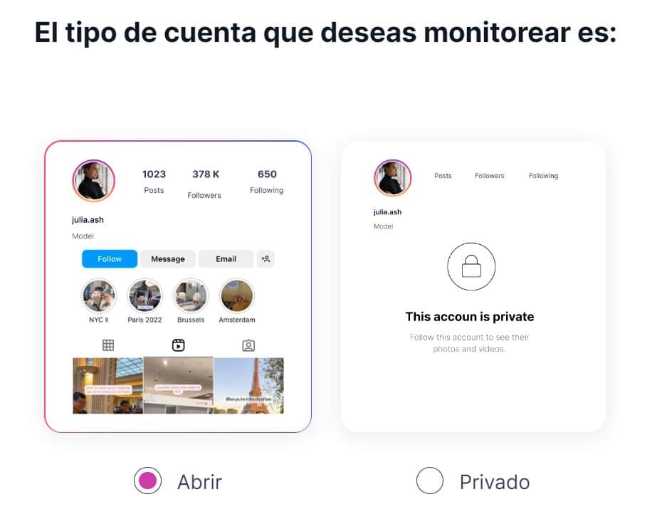 Vista del sitio que muestra información sobre tres tipos de cuentas de Glassagram