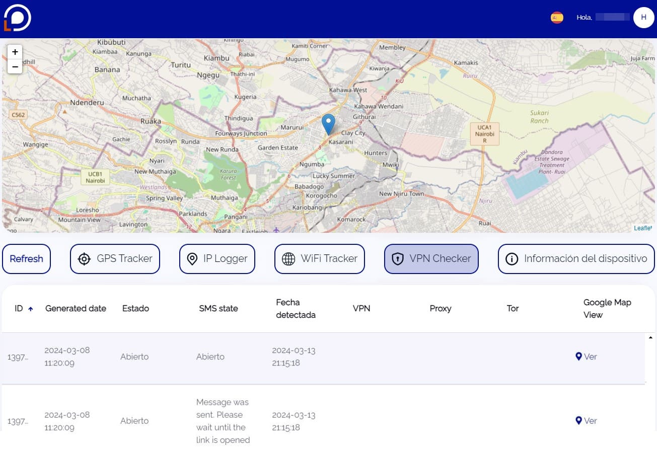 Vista del sitio web Locationtracker.mobi, mostrando información con el resultado de la búsqueda a través de la función VPN tracker