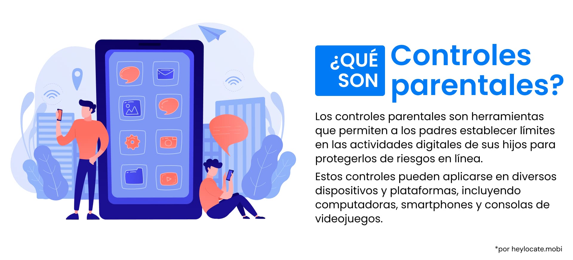 Infografía en la que se define el control parental con ilustraciones de un padre y un hijo utilizando dispositivos con ajustes de control.