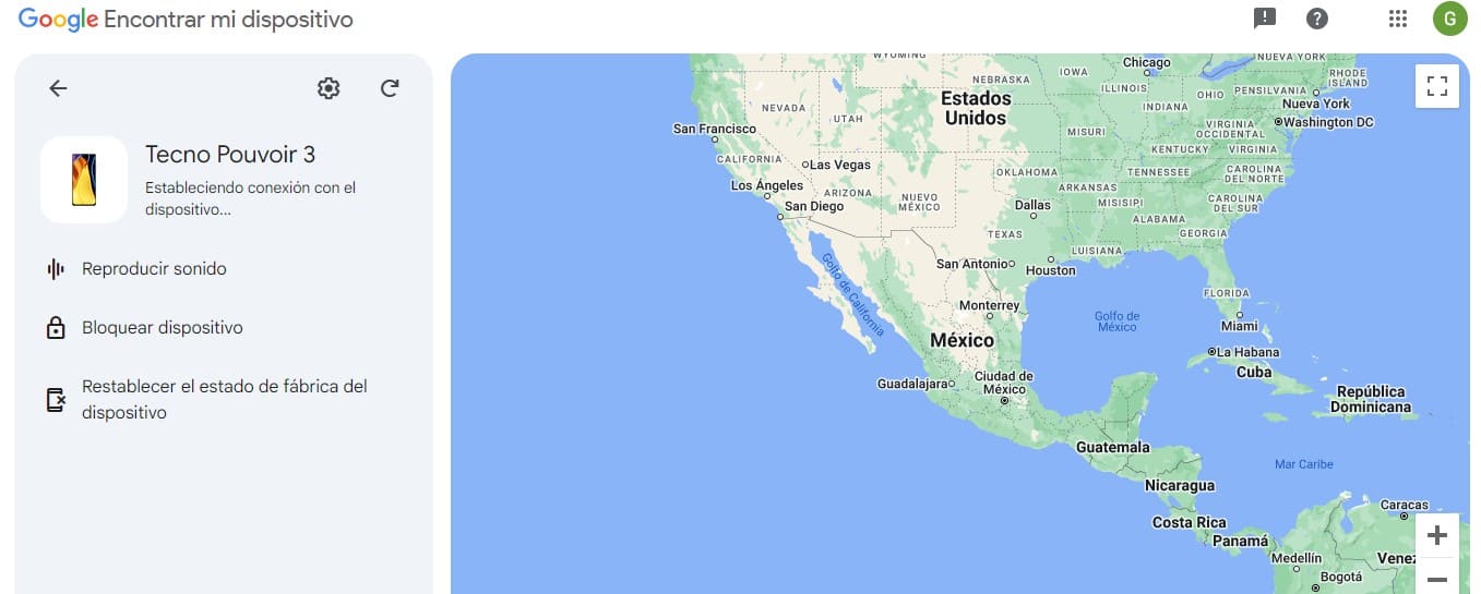 Una imagen del rastreo de un Tecno Pouvoir 3 en Google Encontrar mi Dispositivo