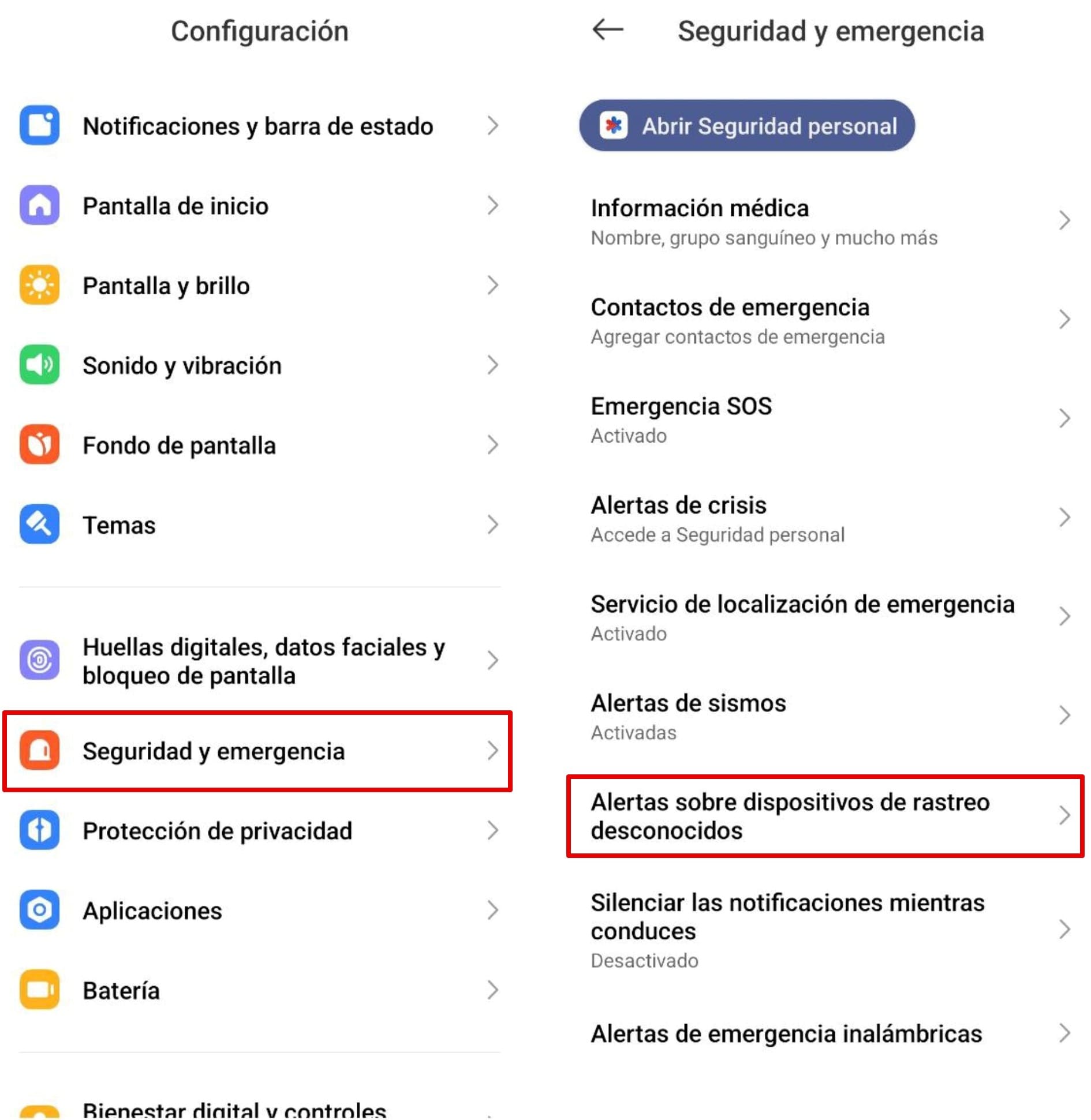 Una imagen de cómo activar las alertas sobre dispositivo de rastreo desconocido en Android