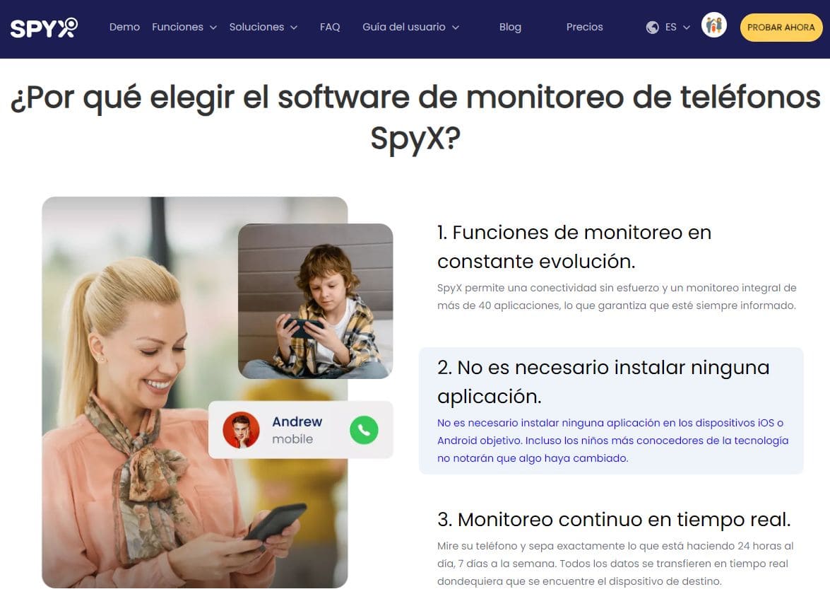 Captura de pantalla de la página web con los tres beneficios de SpyX para teléfono
