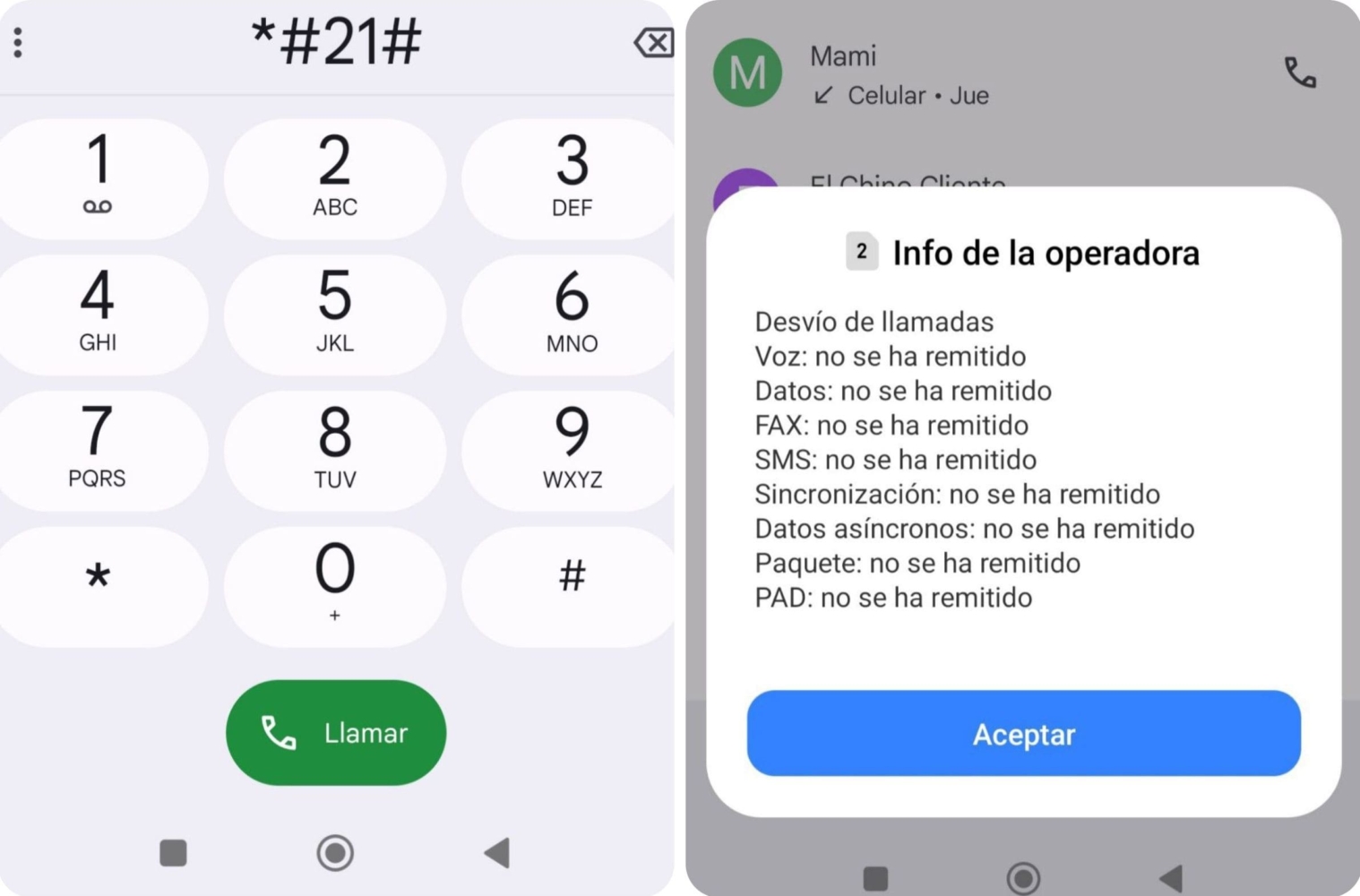 Una imagen de la comprobación de si las llamadas se desvían en el teléfono Android