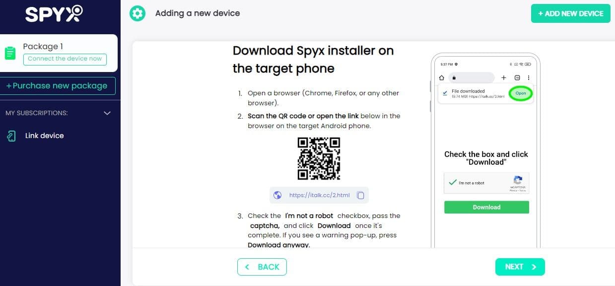 Una imagen del código QR de SpyX para descargar la aplicación