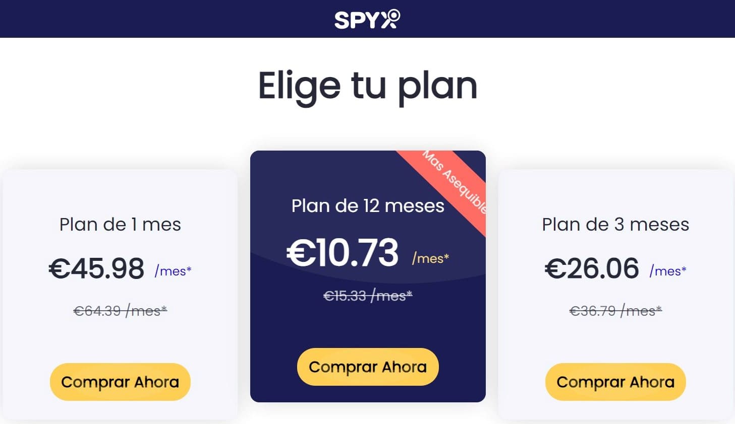 Vista de los precios y planes disponibles en SpyX