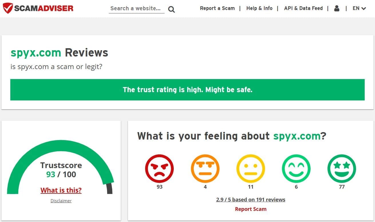 Una imagen de la puntuación de confianza de SpyX en Scamadviser