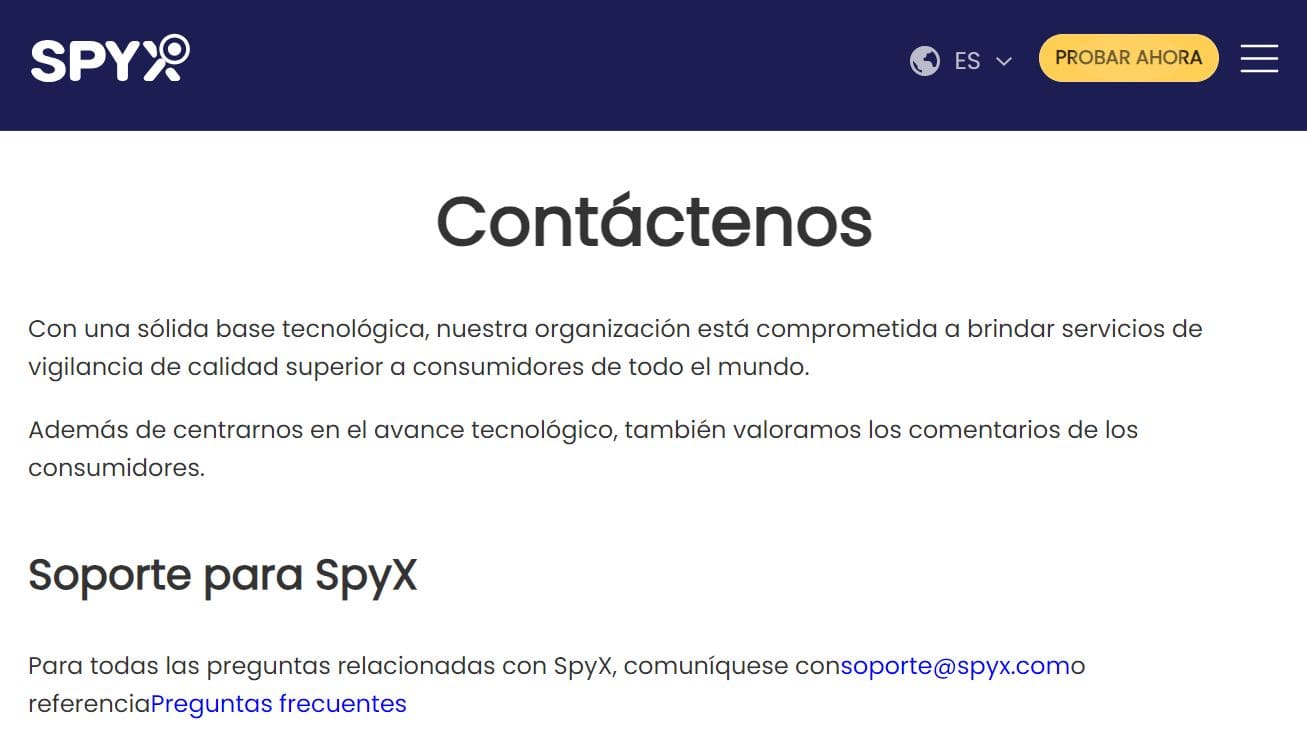Una imagen de la página de soporte de contacto de SpyX