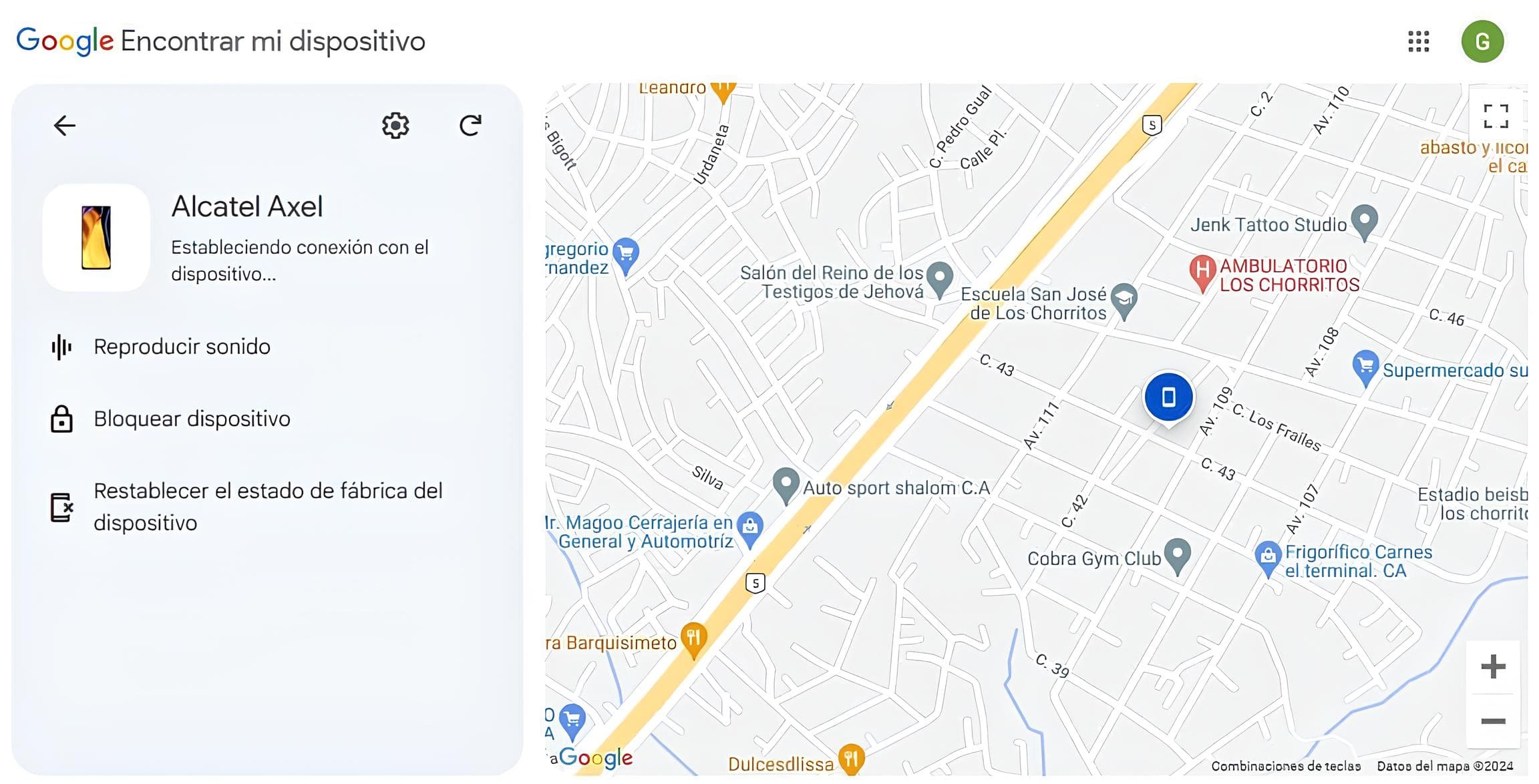 Imagen de la ubicación de un teléfono Alcatel encontrado mediante Google Find My Device