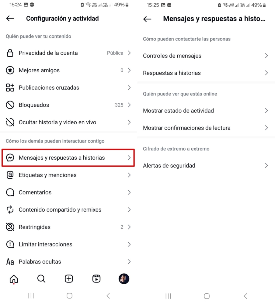Pasos para abrir Mensajes y respuestas de historias en Instagram